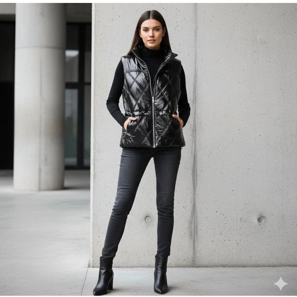 Michael Kors Quilted Puffer Vest Women Large Black Shiny Streetwear Luxe Winter